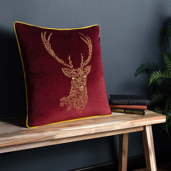 Forest Fauna Woodland Stag Cushion Cover Burgundy