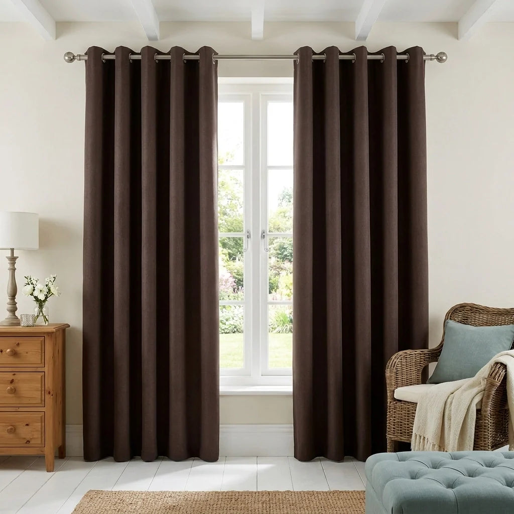 Tan Velvet Chenille Dimout Eyelet Curtains