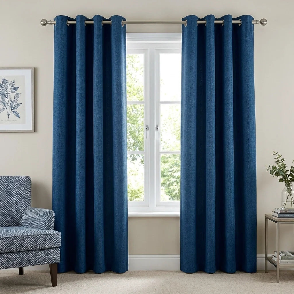Blue 100% Blackout Thermal Eyelet Curtains