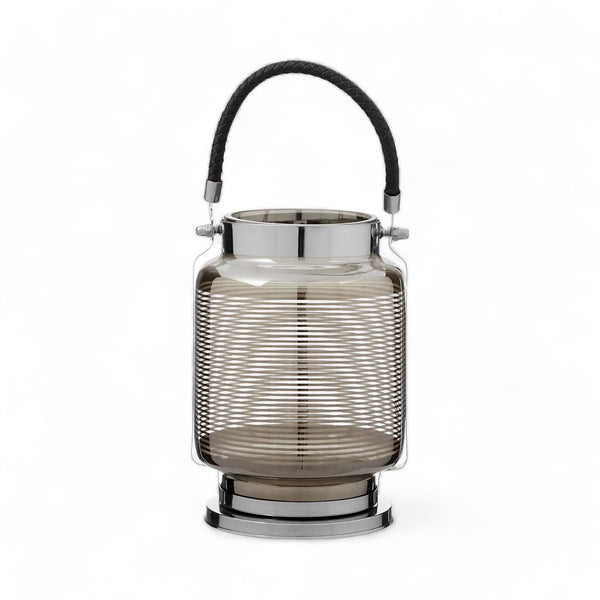 Nickel Stripe Glass Small Lantern with Faux Leather Handle