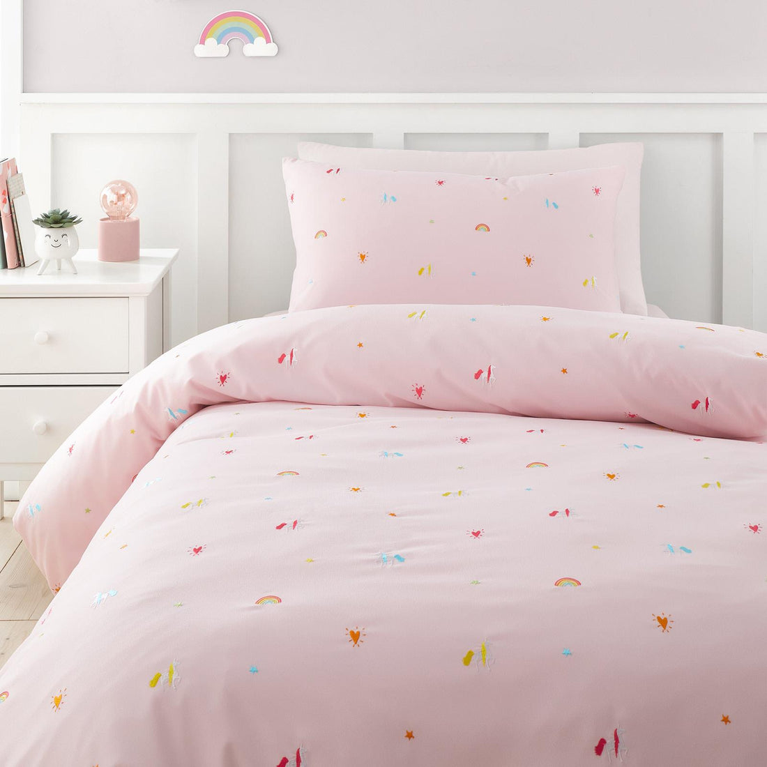 Catherine Lansfield Embroidered Unicorn Pink Kids Duvet Cover Set