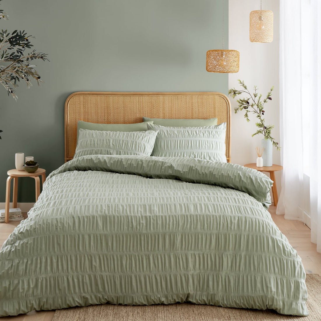 Catherine Lansfield Seersucker Frill Stripe Natural Duvet Cover Bedding Set