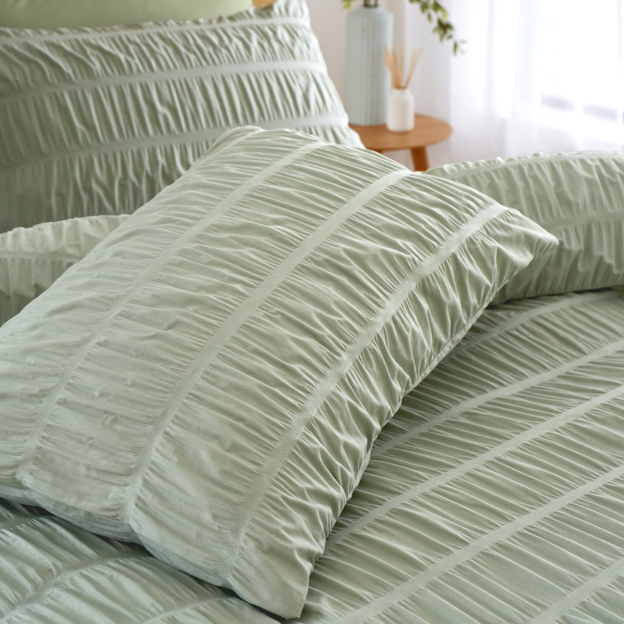Catherine Lansfield Seersucker Frill Stripe Duvet Cover Set - 62 Bd57142W Seersucker Single Duvet Set Sage 3