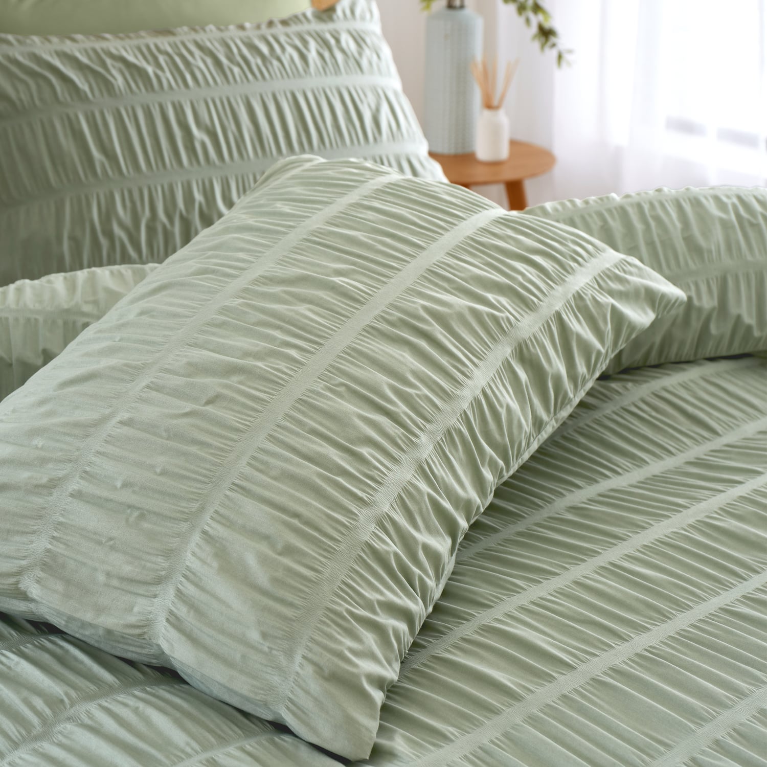 Catherine Lansfield Seersucker Frill Stripe Duvet Cover Set - 62 Bd57142W Seersucker Single Duvet Set Sage 3