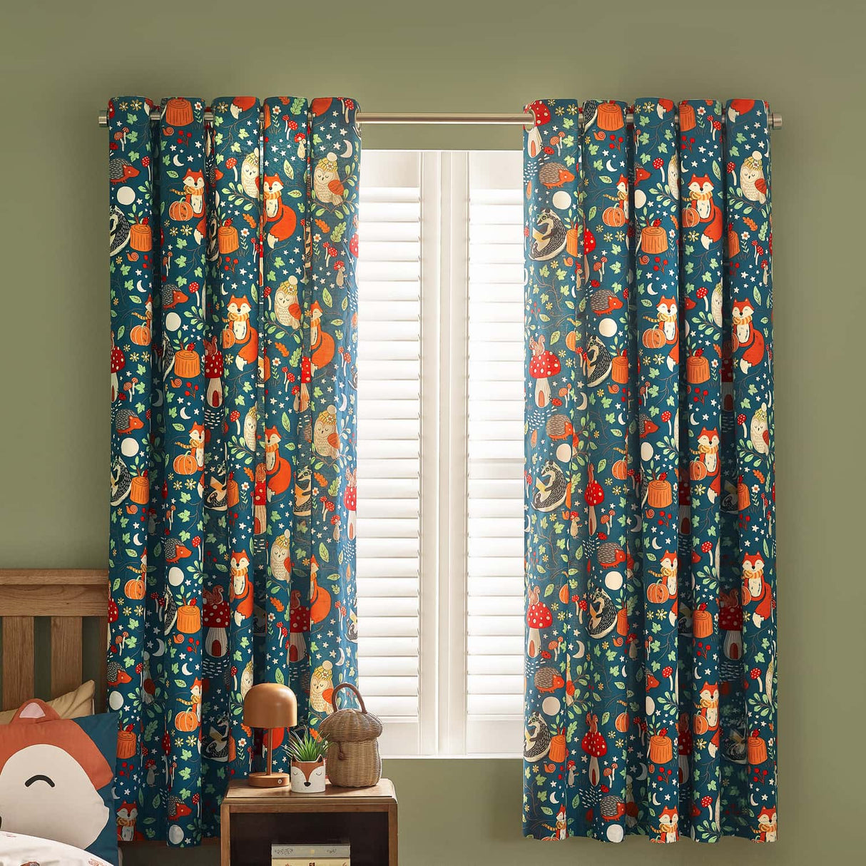 Catherine Lansfield Fox and Woodland Friends Eyelet Curtains Polycotton - Green - Fox And Woodland Friends Curtains