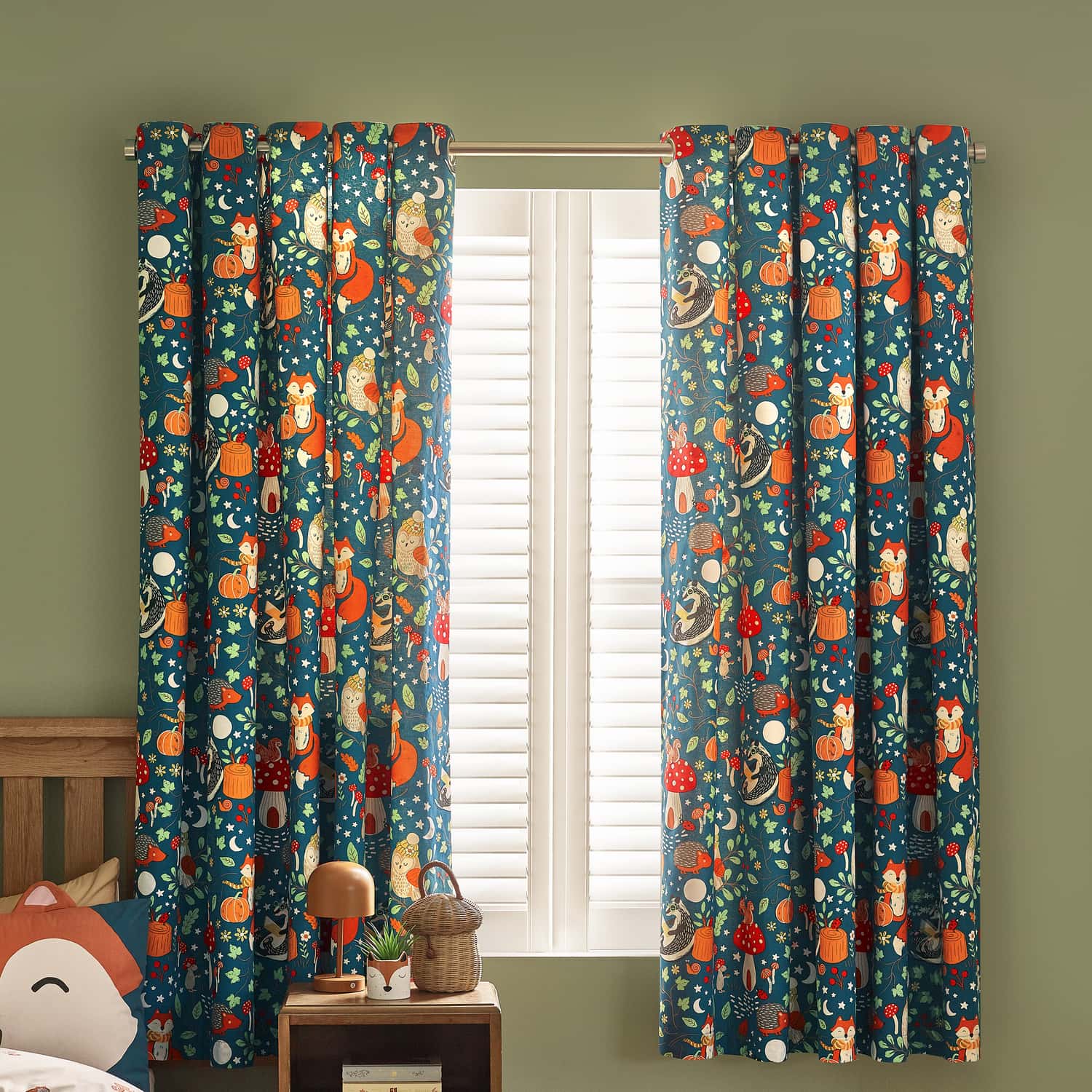Catherine Lansfield Fox and Woodland Friends Eyelet Curtains Polycotton - Green - Fox And Woodland Friends Curtains