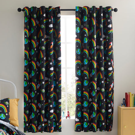 Catherine Lansfield Rainbow Rockets Eyelet Curtains Polycotton - Black - Rainbow Rockets Curtains