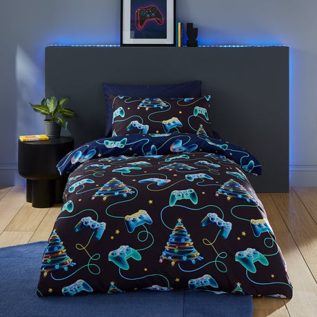 Catherine Lansfield Christmas Gamer Duvet Cover Set - Navy Blue - Christmas Gamer Duvet Set