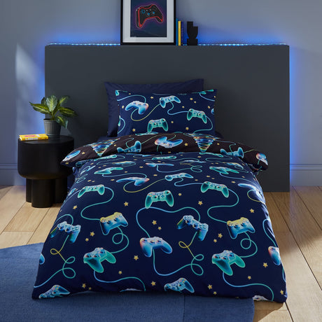 Catherine Lansfield Christmas Gamer Duvet Cover Set - Navy Blue - Christmas Gamer Duvet Set