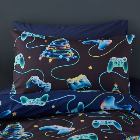 Catherine Lansfield Christmas Gamer Duvet Cover Set - Navy Blue - Christmas Gamer Duvet Set