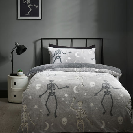 Catherine Lansfield Halloween Skeleton Fleece Duvet Cover Set - Grey - Halloween Skeleton Fleece Duvet Cover Set