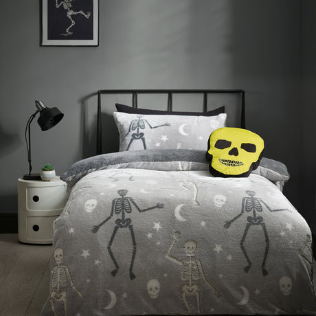 Catherine Lansfield Halloween Skeleton Fleece Duvet Cover Set - Grey