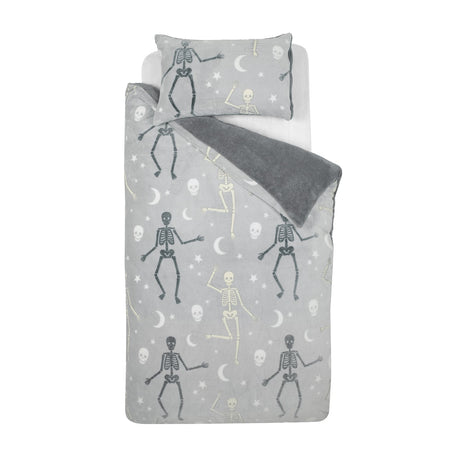 Catherine Lansfield Halloween Skeleton Fleece Duvet Cover Set - Grey - Halloween Skeleton Fleece Duvet Cover Set