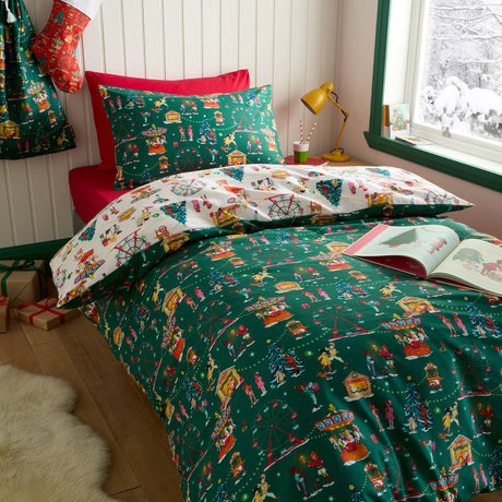 Belle & Boo Christmas Fairground Cotton Duvet Cover - Green - Christmas Fairground Duvet Set