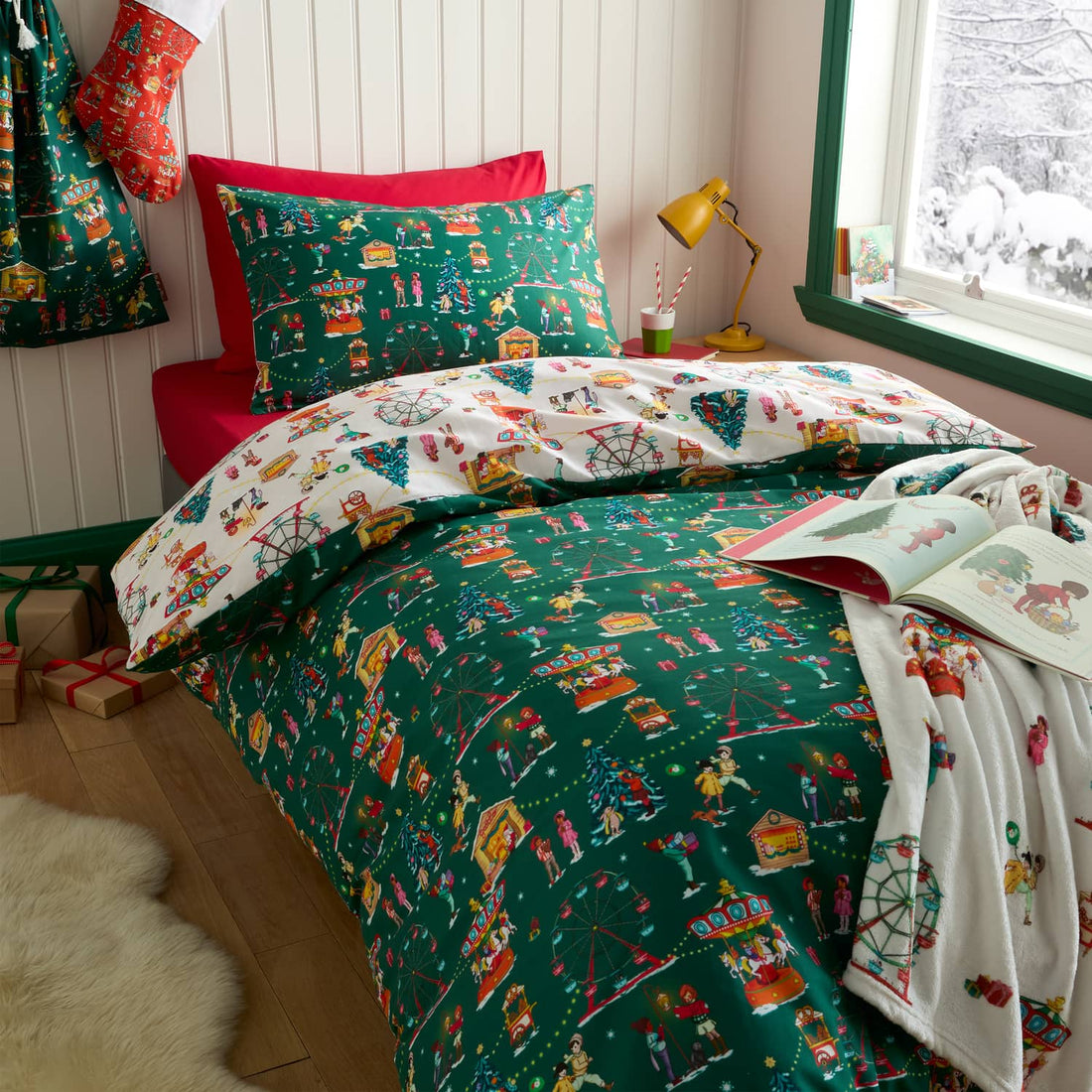 Belle & Boo Christmas Fairground Cotton Duvet Cover - Green