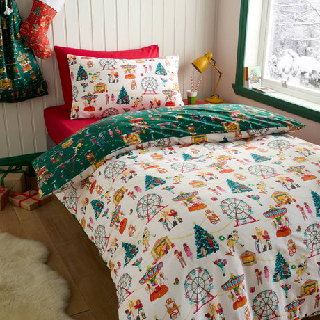 Belle & Boo Christmas Fairground Cotton Duvet Cover - Green - Christmas Fairground Duvet Set