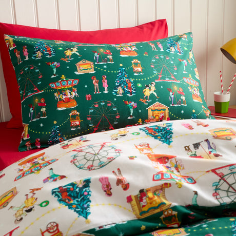Belle & Boo Christmas Fairground Cotton Duvet Cover - Green - Christmas Fairground Duvet Set