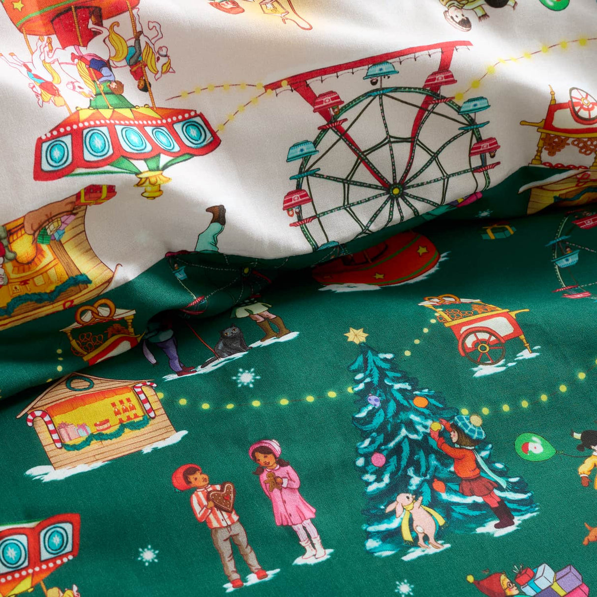 Belle & Boo Christmas Fairground Cotton Duvet Cover - Green - Christmas Fairground Duvet Set