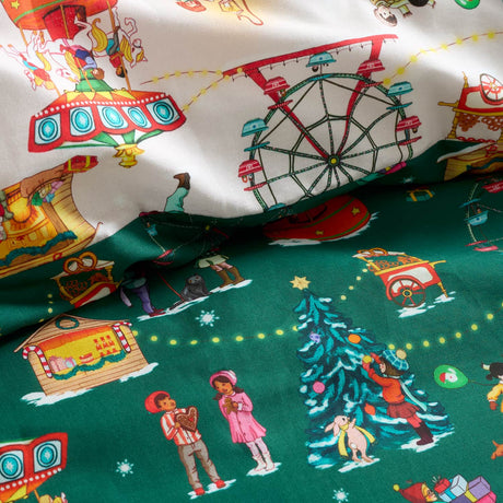 Belle & Boo Christmas Fairground Cotton Duvet Cover - Green - Christmas Fairground Duvet Set