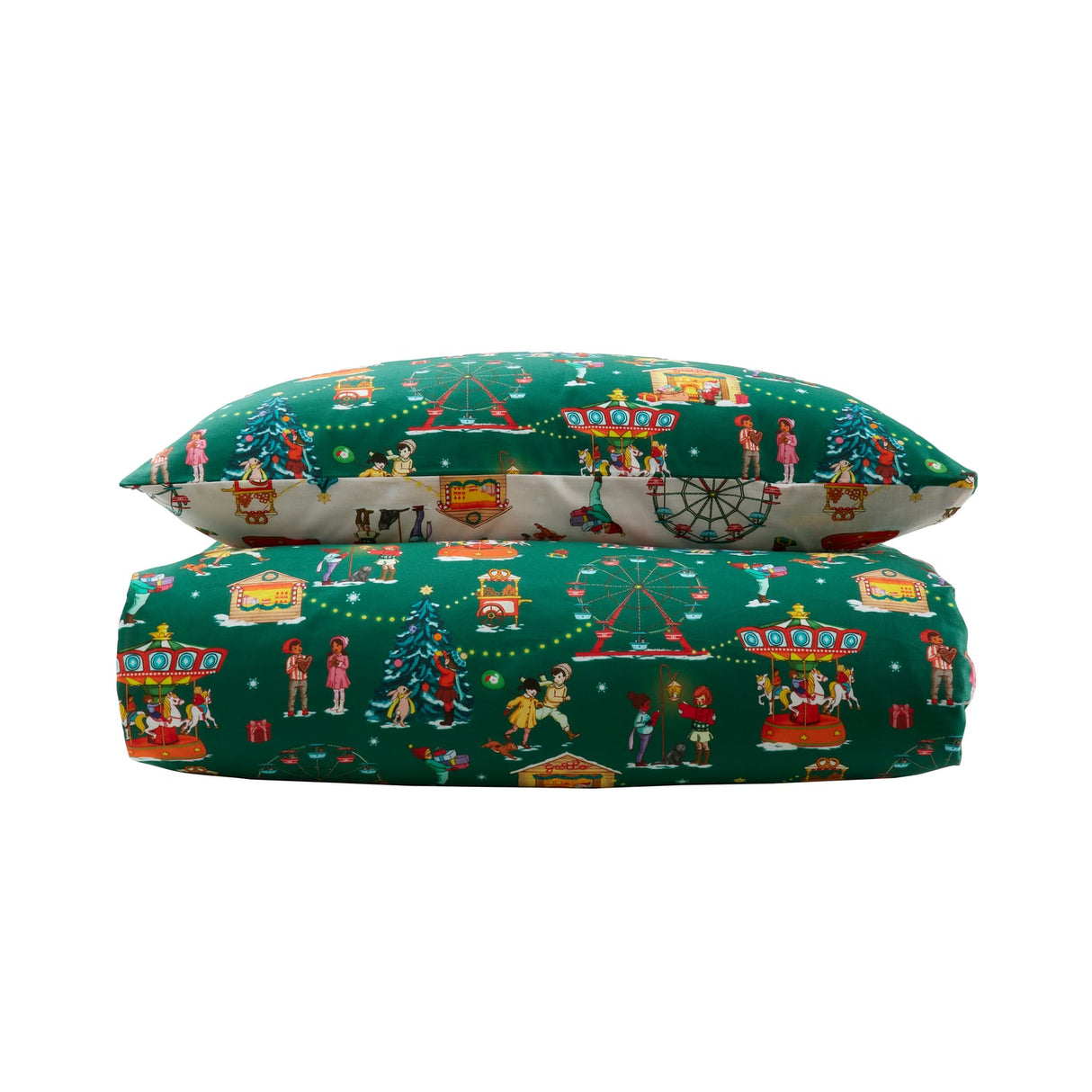 Belle & Boo Christmas Fairground Cotton Duvet Cover - Green - Christmas Fairground Duvet Set