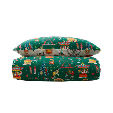 Belle & Boo Christmas Fairground Cotton Duvet Cover - Green - Christmas Fairground Duvet Set