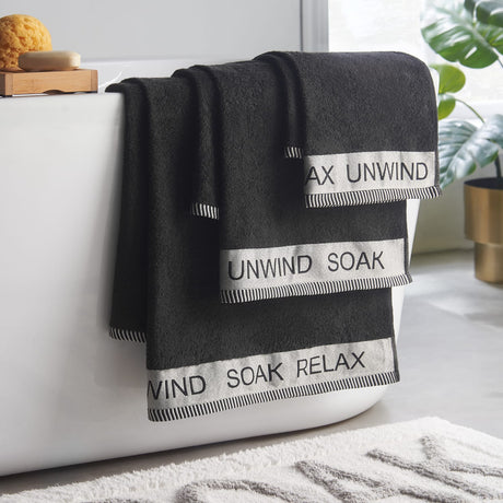 Catherine Lansfield Relax And Unwind Black 400 GSM Cotton Towel - White - Relax And Unwind Black