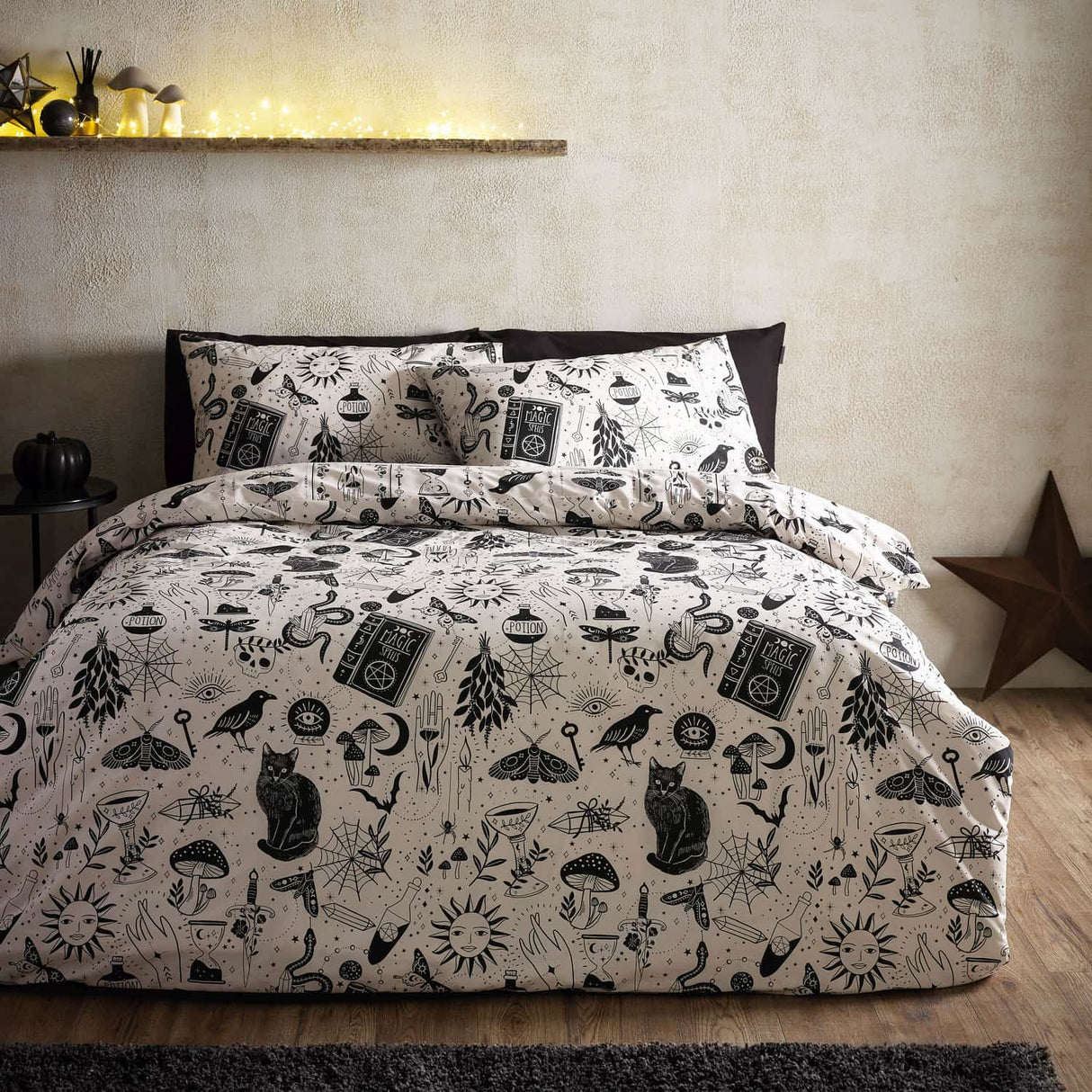 Catherine Lansfield Enchanted Witchcraft Duvet Cover Set - Black / Natural - Enchanted Witchcraft Duvet Set