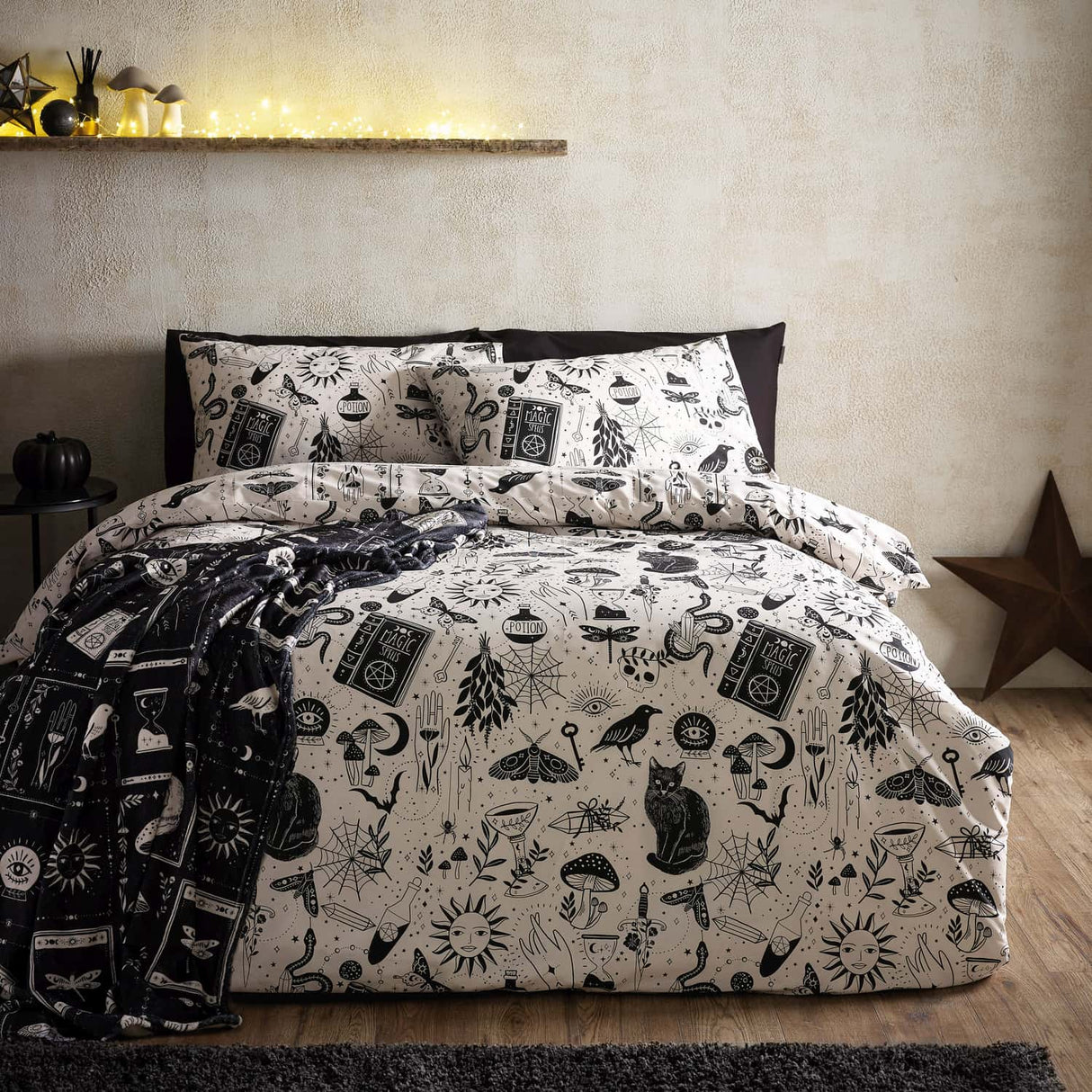 Catherine Lansfield Enchanted Witchcraft Duvet Cover Set - Black / Natural