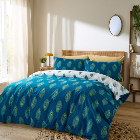 Their Nibs Peacock Feather Cotton Duvet Cover Set - Teal Green