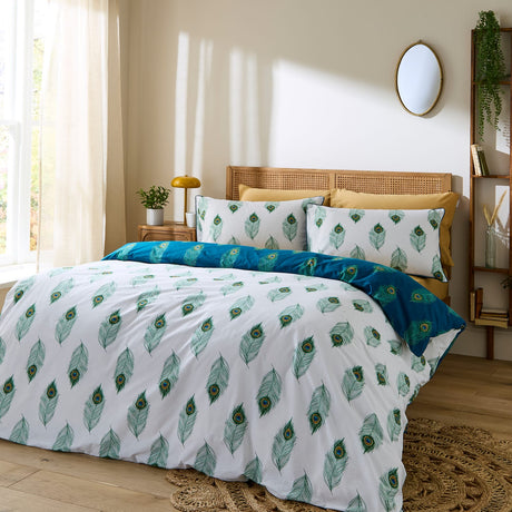 Their Nibs Peacock Feather Cotton Duvet Cover Set - Teal Green - Peacock Feather Duvet Set