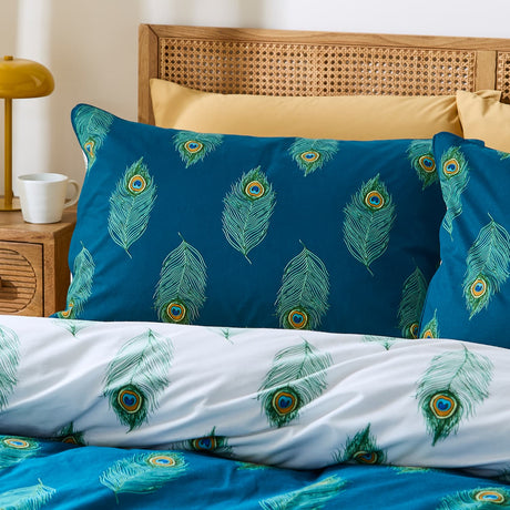 Their Nibs Peacock Feather Cotton Duvet Cover Set - Teal Green - Peacock Feather Duvet Set