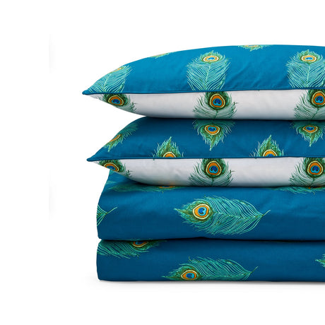 Their Nibs Peacock Feather Cotton Duvet Cover Set - Teal Green - Peacock Feather Duvet Set
