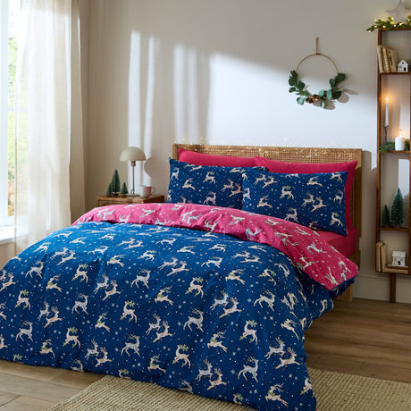 Their Nibs Christmas Reindeer Cotton Duvet Cover Set - Blue
