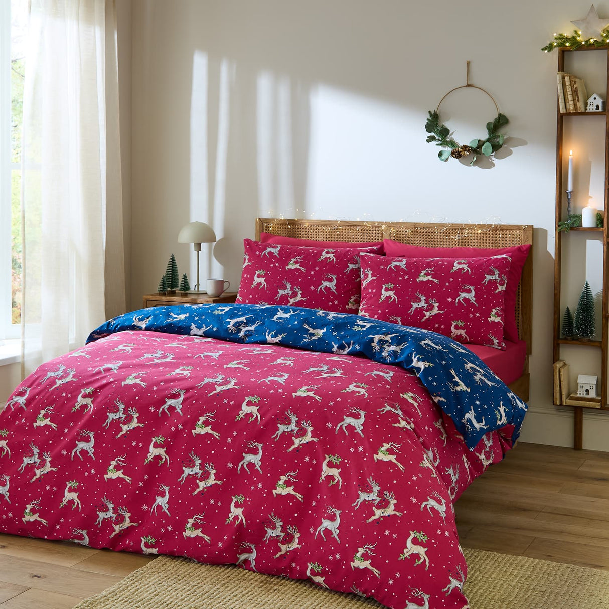 Their Nibs Christmas Reindeer Cotton Duvet Cover Set - Blue - Christmas Reindeer Duvet Set