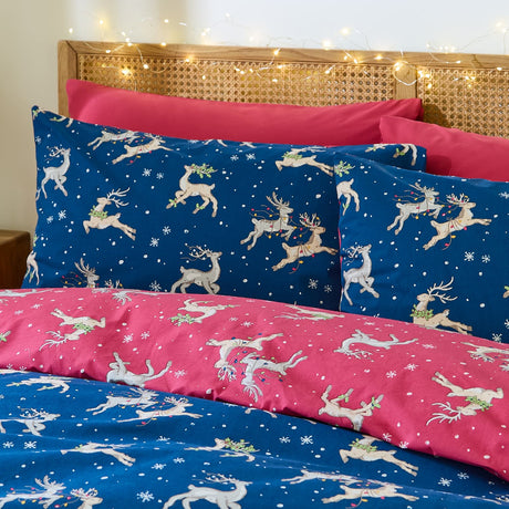 Their Nibs Christmas Reindeer Cotton Duvet Cover Set - Blue - Christmas Reindeer Duvet Set