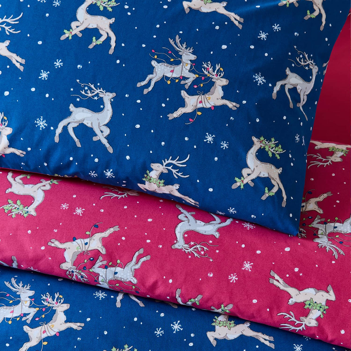 Their Nibs Christmas Reindeer Cotton Duvet Cover Set - Blue - Christmas Reindeer Duvet Set