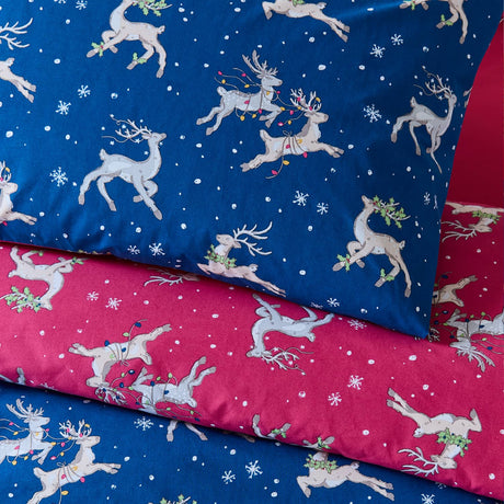 Their Nibs Christmas Reindeer Cotton Duvet Cover Set - Blue - Christmas Reindeer Duvet Set