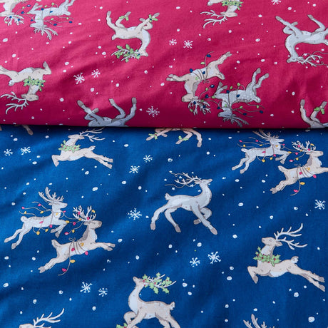 Their Nibs Christmas Reindeer Cotton Duvet Cover Set - Blue - Christmas Reindeer Duvet Set