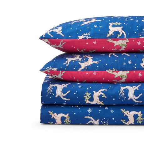 Their Nibs Christmas Reindeer Cotton Duvet Cover Set - Blue - Christmas Reindeer Duvet Set