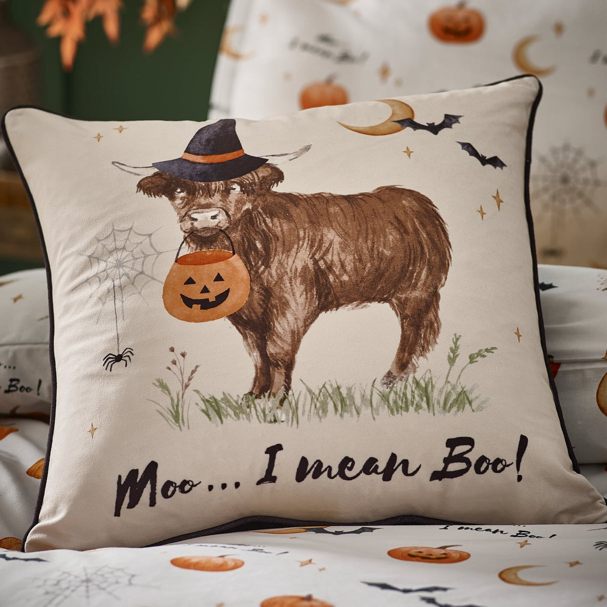 Catherine Lansfield Halloween Highland Cow Filled Cushion 45cm x 45cm - Natural
