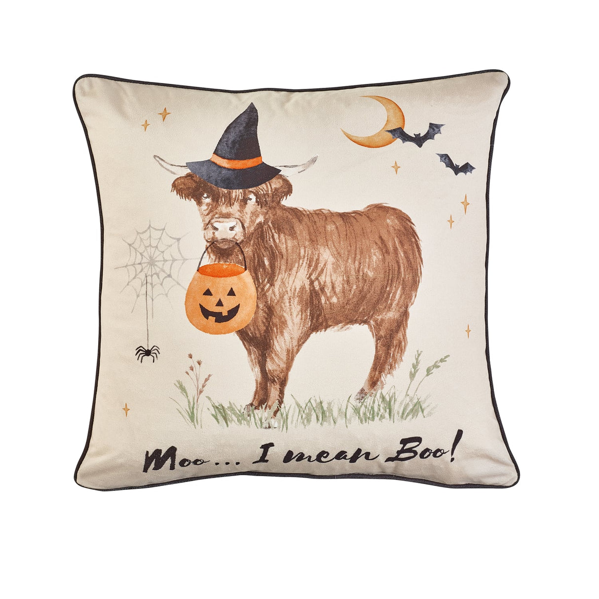Catherine Lansfield Halloween Highland Cow Filled Cushion 45cm x 45cm - Natural - Halloween Highland Cow Cushion