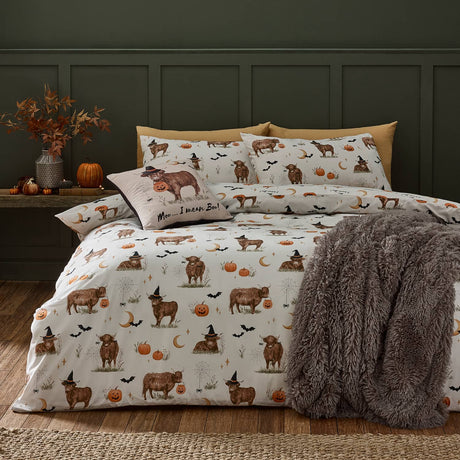 Catherine Lansfield Halloween Highland Cow Duvet Cover Set - Natural