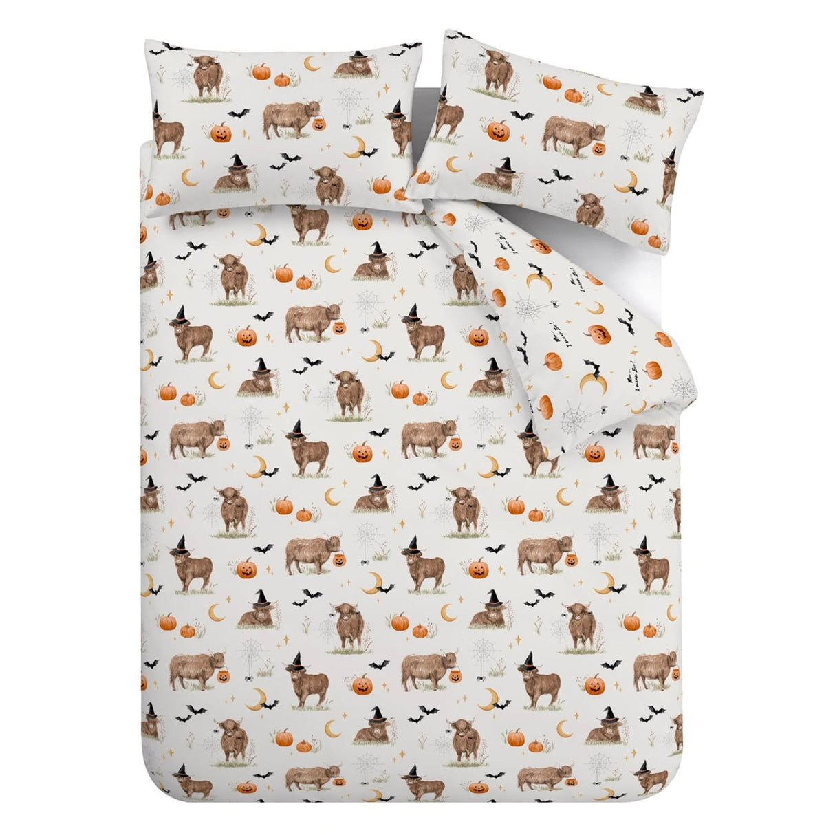 Catherine Lansfield Halloween Highland Cow Duvet Cover Set - Natural - Halloween Highland Cow Duvet Set