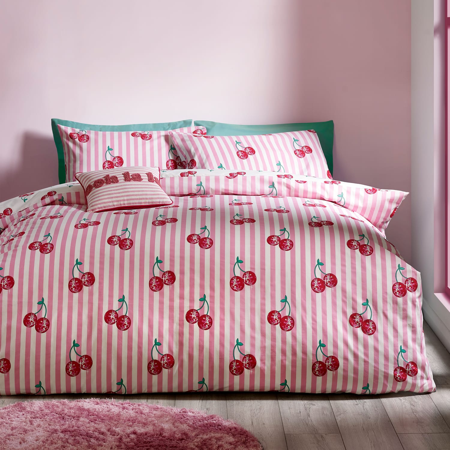 Catherine Lansfield Disco Cherries Duvet Cover Set - Pink