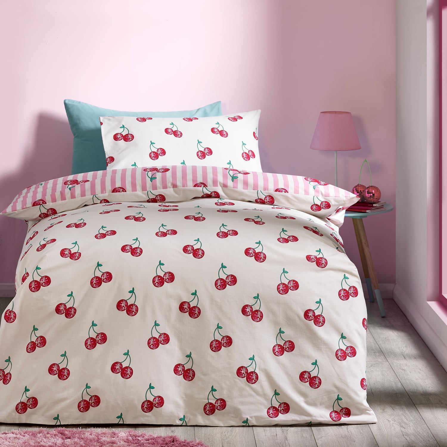 Catherine Lansfield Disco Cherries Duvet Cover Set - Pink - Disco Cherries Duvet Set Single