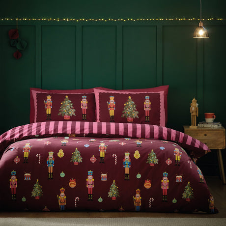 Catherine Lansfield Christmas Nutcracker Stripe Duvet Cover Set - Plum - Christmas Nutcracker Stripe