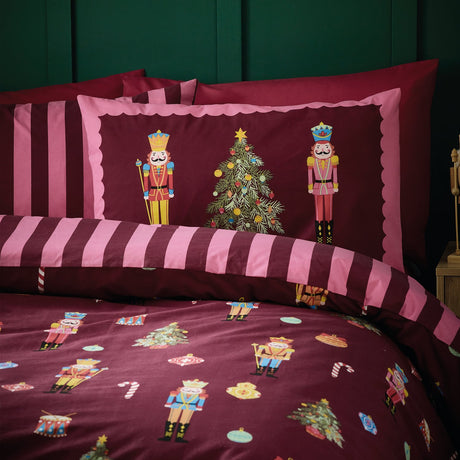 Catherine Lansfield Christmas Nutcracker Stripe Duvet Cover Set - Plum - Christmas Nutcracker Stripe