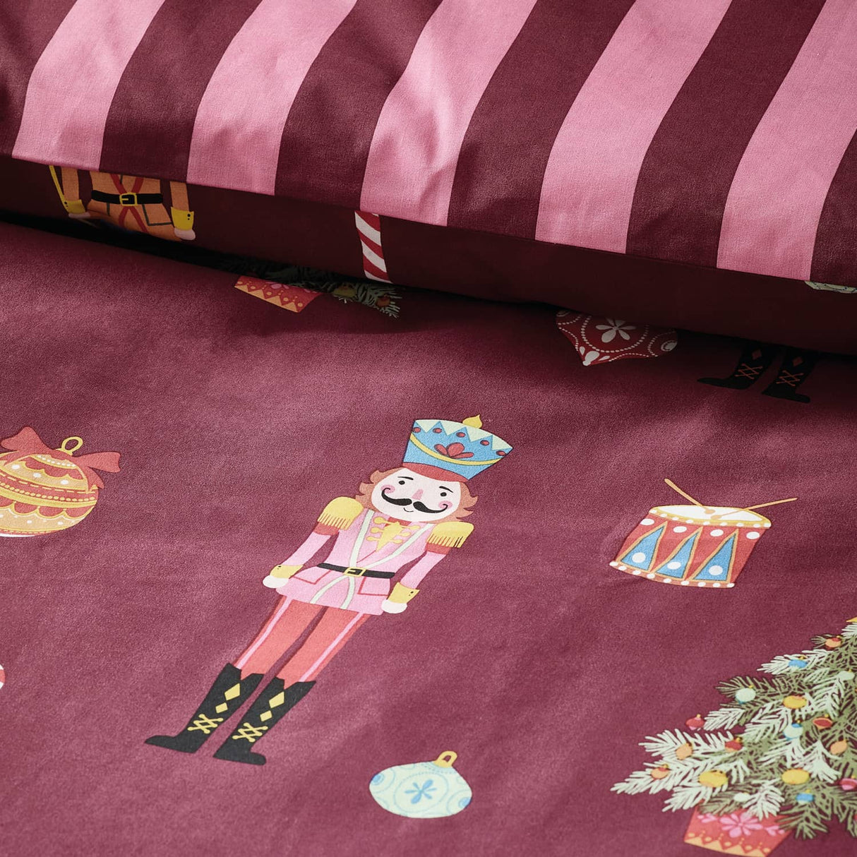 Catherine Lansfield Christmas Nutcracker Stripe Duvet Cover Set - Plum - Christmas Nutcracker Stripe