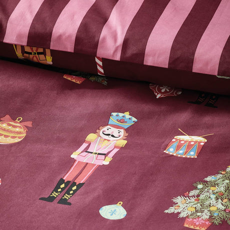 Catherine Lansfield Christmas Nutcracker Stripe Duvet Cover Set - Plum - Christmas Nutcracker Stripe