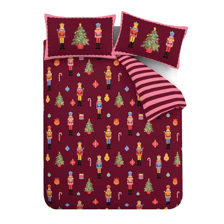 Catherine Lansfield Christmas Nutcracker Stripe Duvet Cover Set - Plum - Christmas Nutcracker Stripe